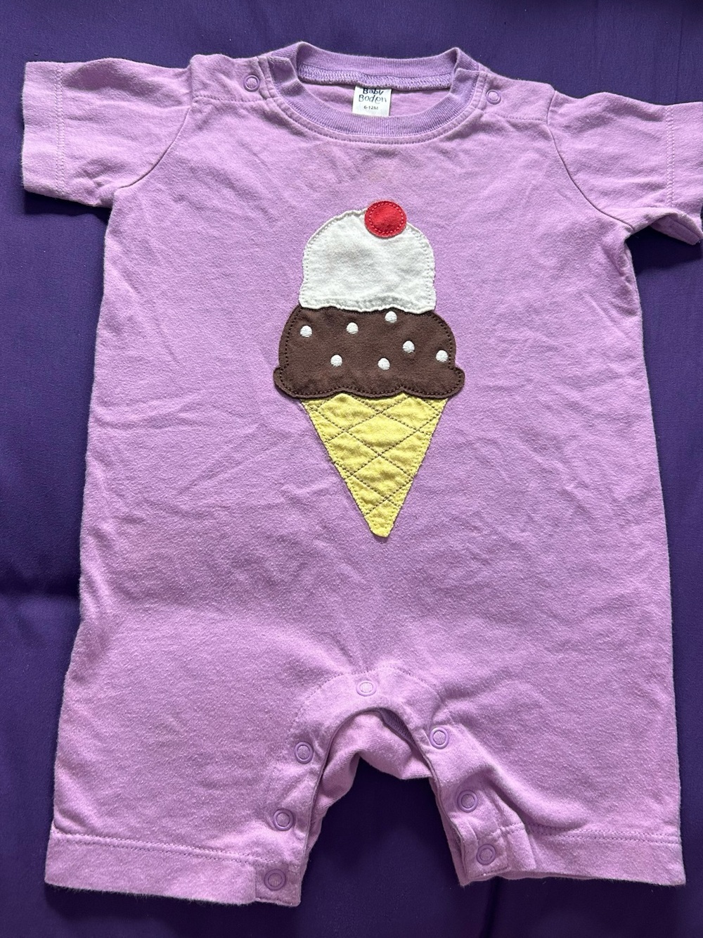 Mini Boden Lavender Ice Cream Appliqué One-Piece Romper Sz 6-12m
